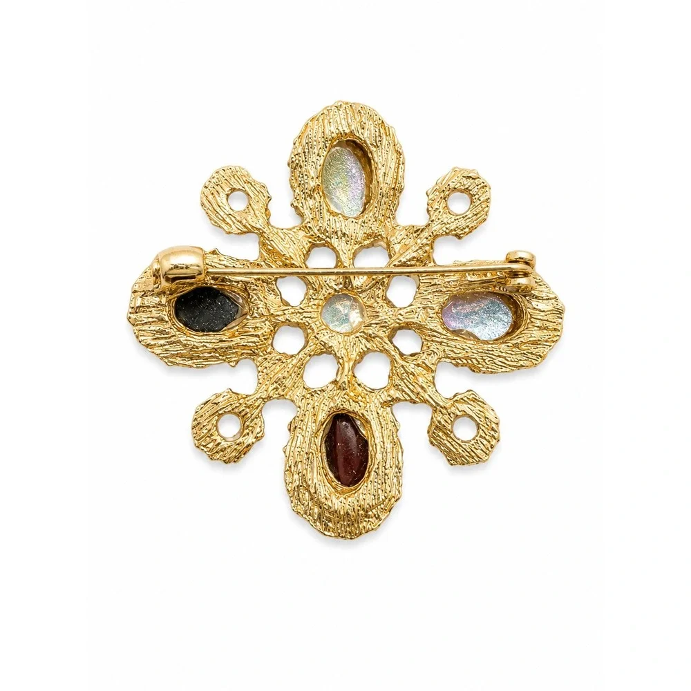 Red Cabochon Rhinestone Faux Pearl Brooch Gold Tone Snowflake Floral Pin